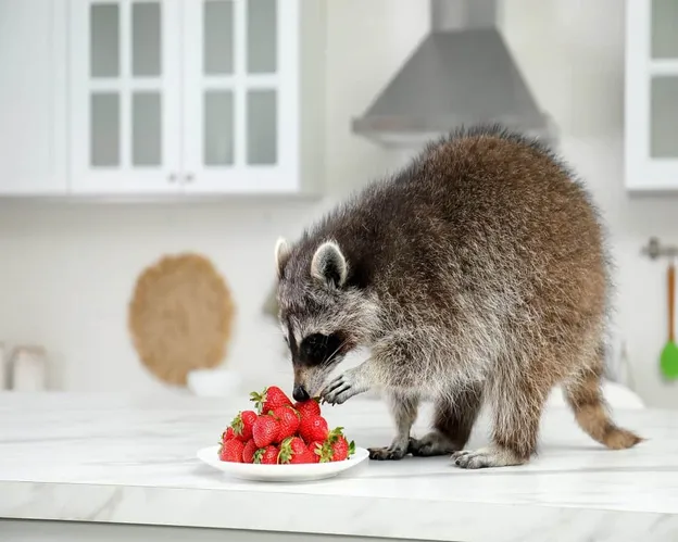 Raton laveur mangeant une fraise